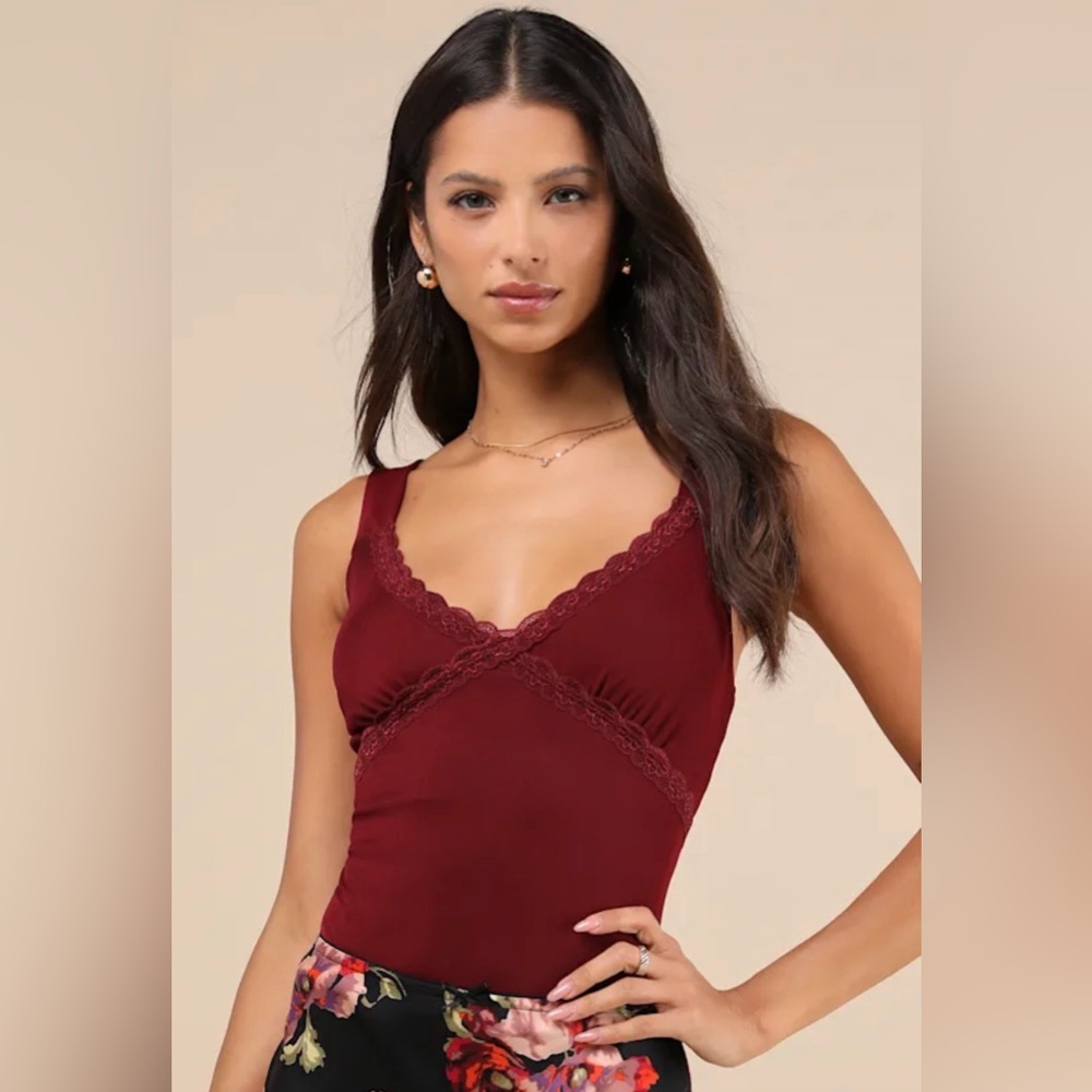 NWOT Lulus Burgundy Mesh Lace Sleeveless Bodysuit